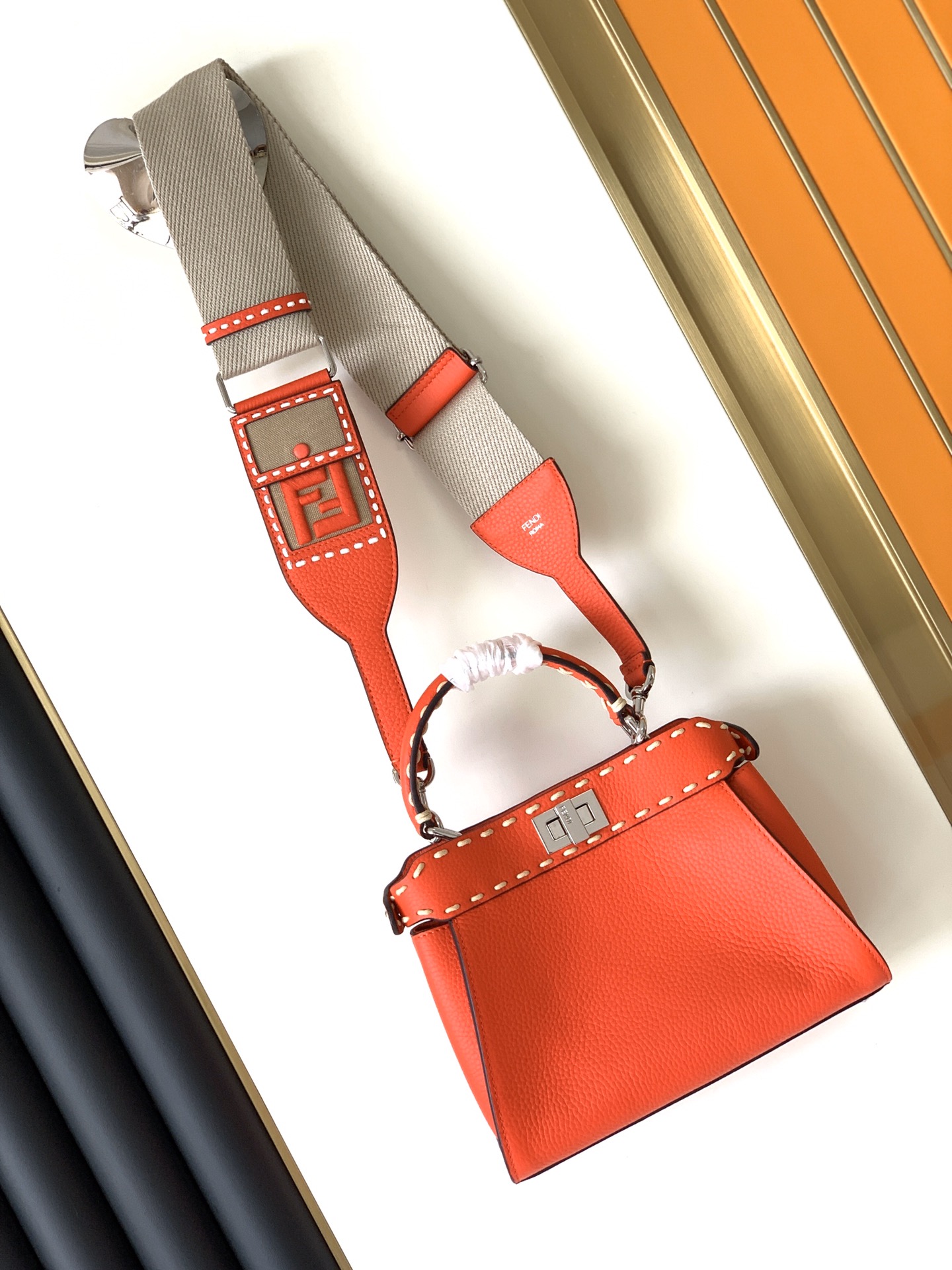 Fendi Peekaboo ISeeU Mini Orange Selleria Bag with 220 Hand-sewn Topstitches